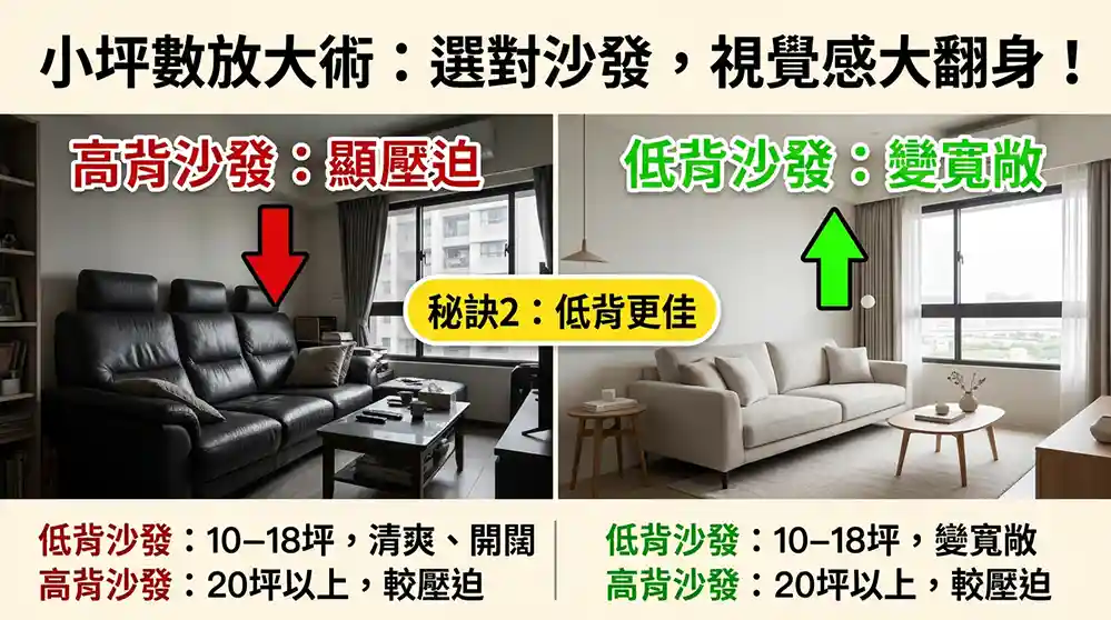 技巧二：低背款沙發，降低視覺壓迫感
